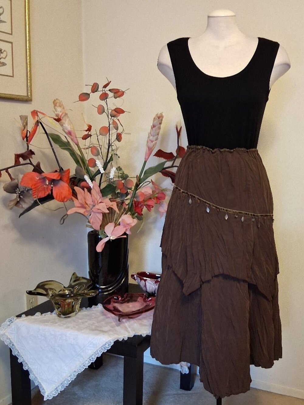New Unique Design High Quality Vintage Style Brown Tiered Lined Midi Skirt 12